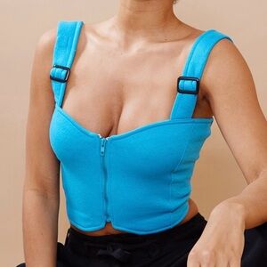 Blue Jersey Zip Through Corset Crop Top